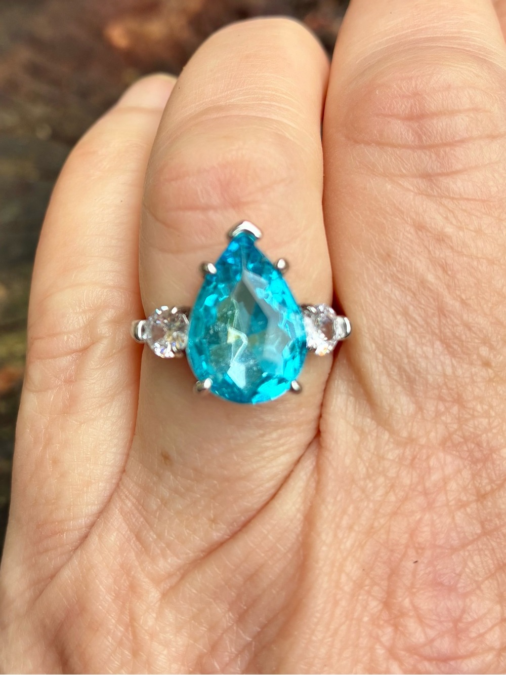 🦋 Turquoise Teardrop Faceted Crystal Ring CZ Silver Plated